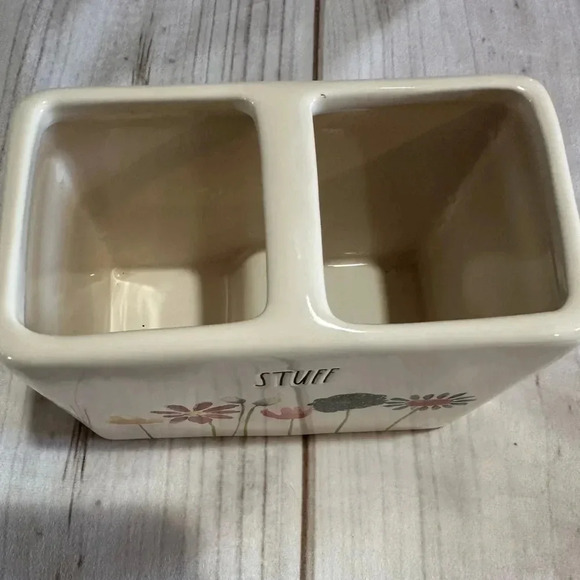 Rae Dunn “Stuff” Floral Double Compartment Ceramic Container Cosmetic Brush/Pen - Picture 4 of 7